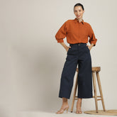 Flora Set Of 2 - Puff Sleeves Top & Wide-Leg Cropped Chinos - Autumn Rust & Navy Blue